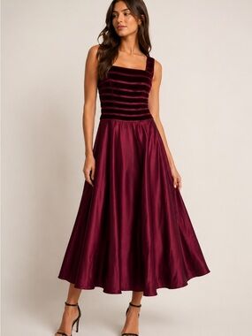 Vintage JS collection velvet satin burgundy maxi dress cut  back SZ 6 Y2K retro